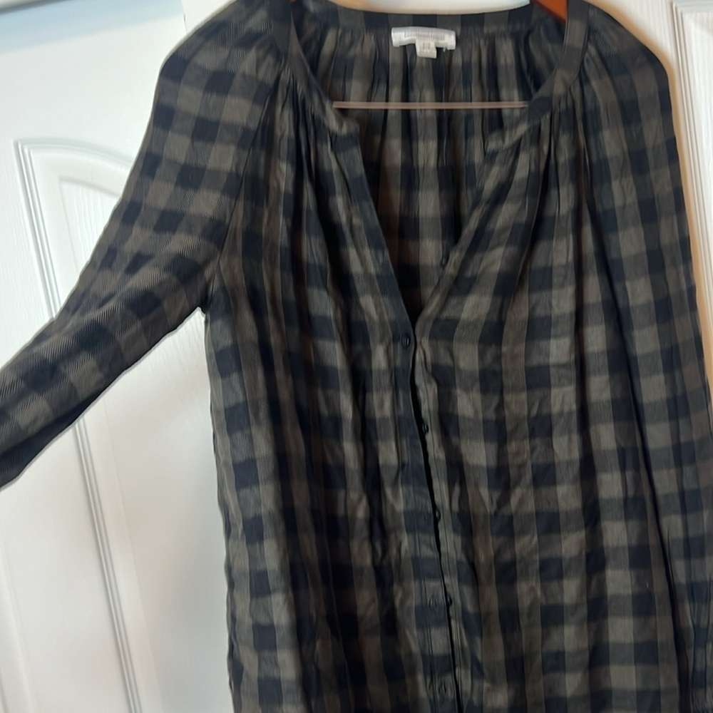 BeachLunchLounge Checkered Cotton Long Sleeve Olive Button Up - NWOT - SP - Picture 3 of 5